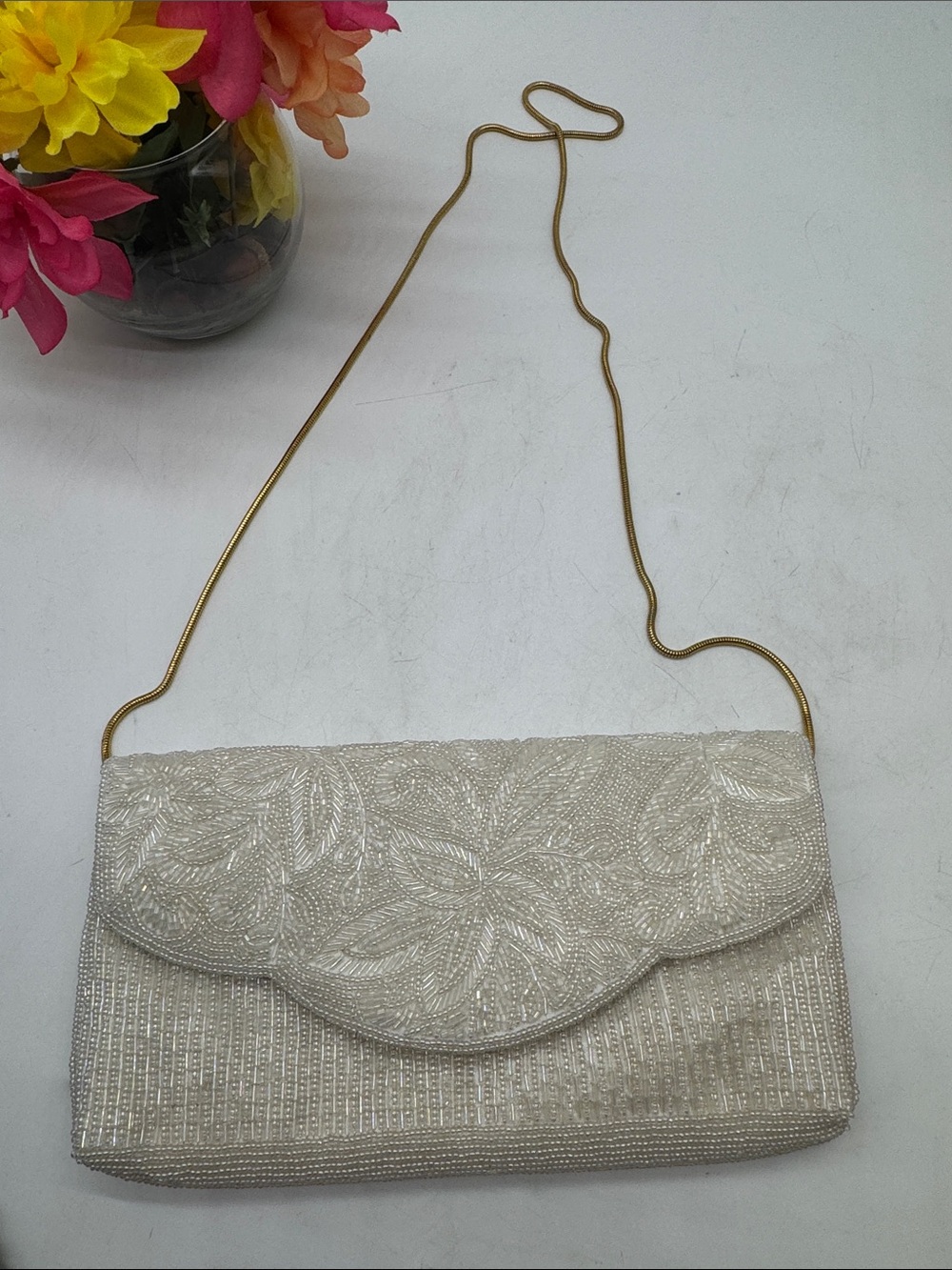 Bechamel Ivory Beaded Floral Crossbody Clutch Handbag